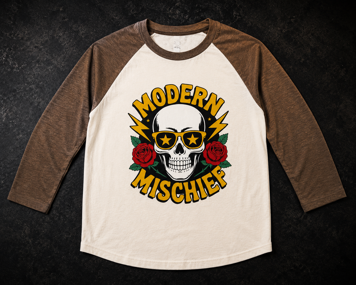 Modern Mischief raglan — skull & roses design