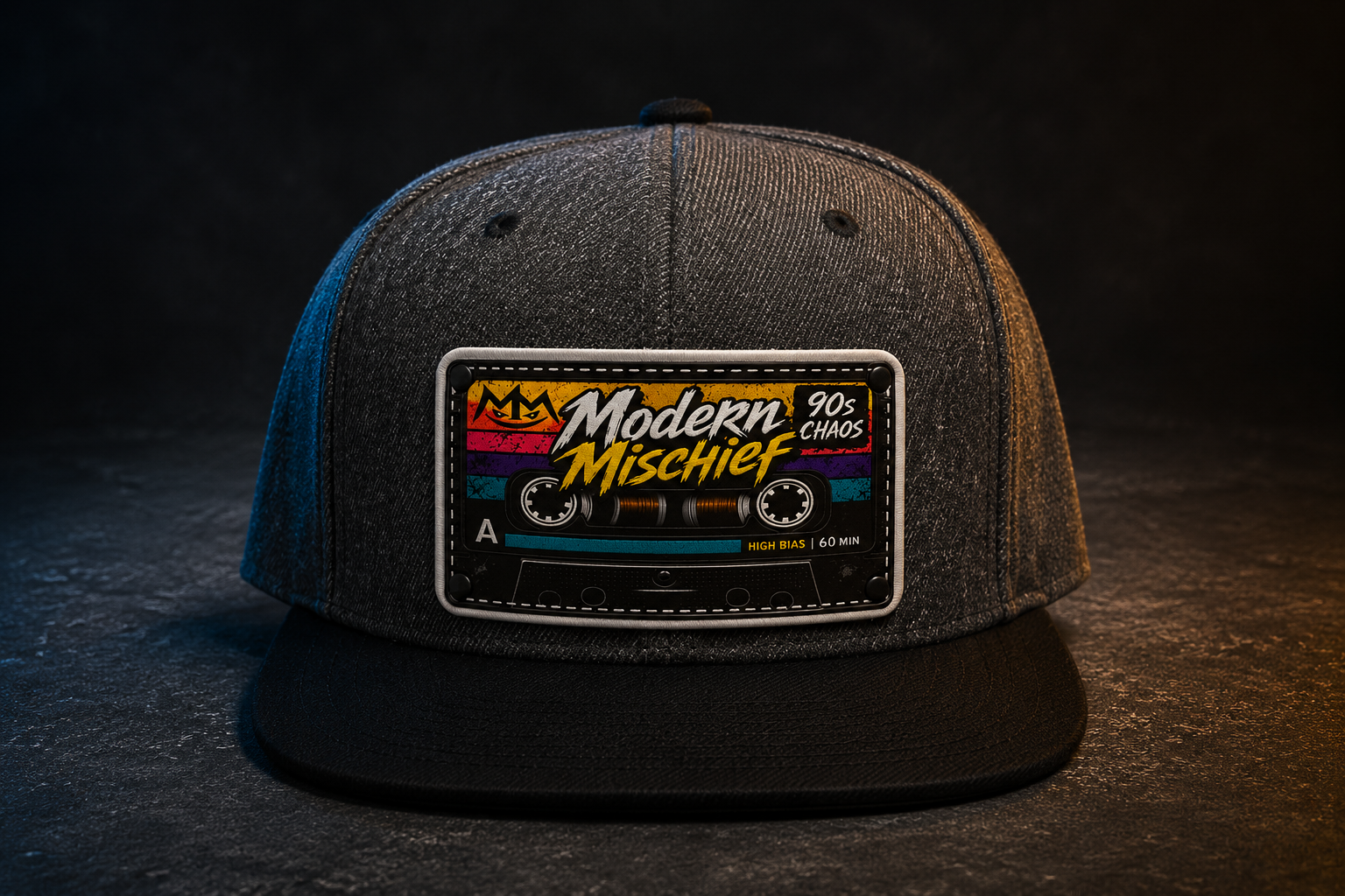 Modern Mischief snapback — cassette tape patch