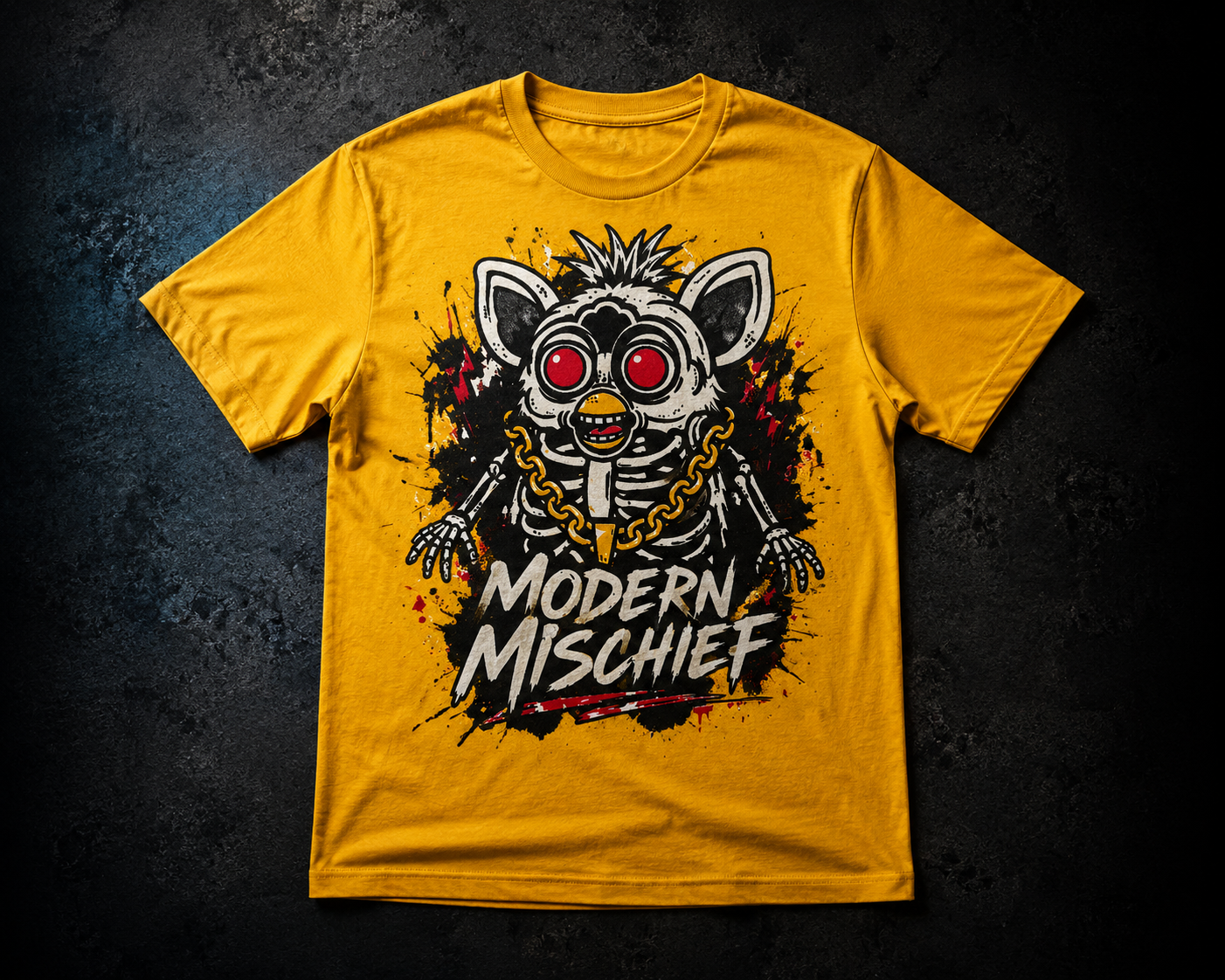 Modern Mischief tee — furby design on yellow