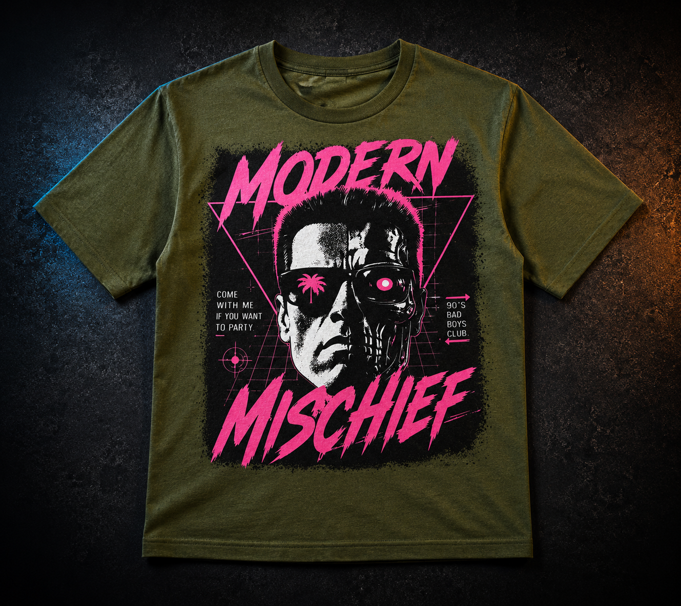 Modern Mischief tee — neon terminator design